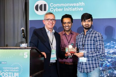 Muhammad Shoaib, (right) a computer science Ph.D. student at the University of Virginia, won the Best Poster Award at the CCI Symposium 2025. CCI Executive Director Luiz DaSilva (left) and Mayukh Roy Chowdhury (center), a CCI Hub postdoctoral researcher who led the review committee, presented the award. 