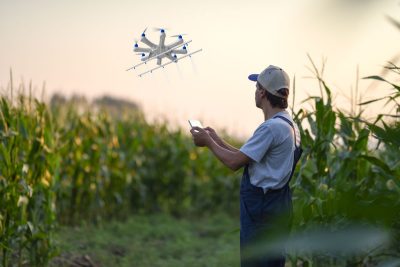 Farmer in cornfield controls drone