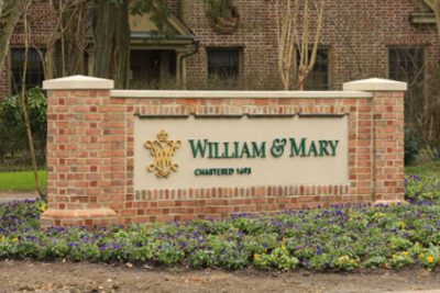 William and Mary Campus sign Chartered 1693