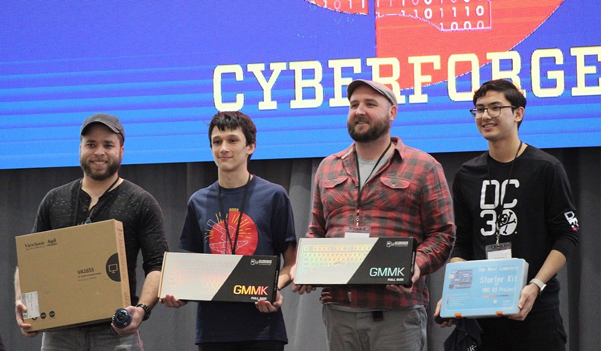 First -Place team members include, from left: James Nagle (ODU); Daniel Tomov (Landstown High School);  Cole Baty (ODU); and  James Nagle (ODU).