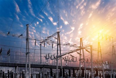 electrical power grid at sunset for George Mason lab story