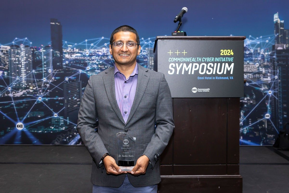 Sachin Shetty, a professor at Old Dominion University, won the 2024 Commonwealth Cyber Initiative Symposium Impact Award for his contributions to cybersecurity research. Photo by Ron Aira for CCI