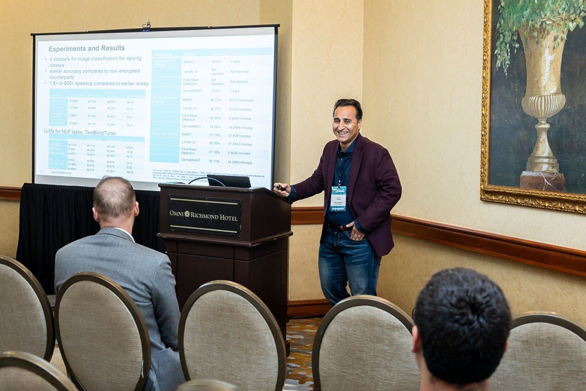 Daniel Takabi, head of Old Dominion University’s School of Cybersecurity and director of CCI's Coastal Virginia Node, presents his research at the Paper Session. There were 35 paper presentations at the 2024 Symposium. Photo by Ron Aira for CCI